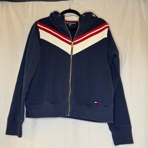 Tommy Hilfiger Dark Blue Hoodie with Red and White Chevron y2k 90s
